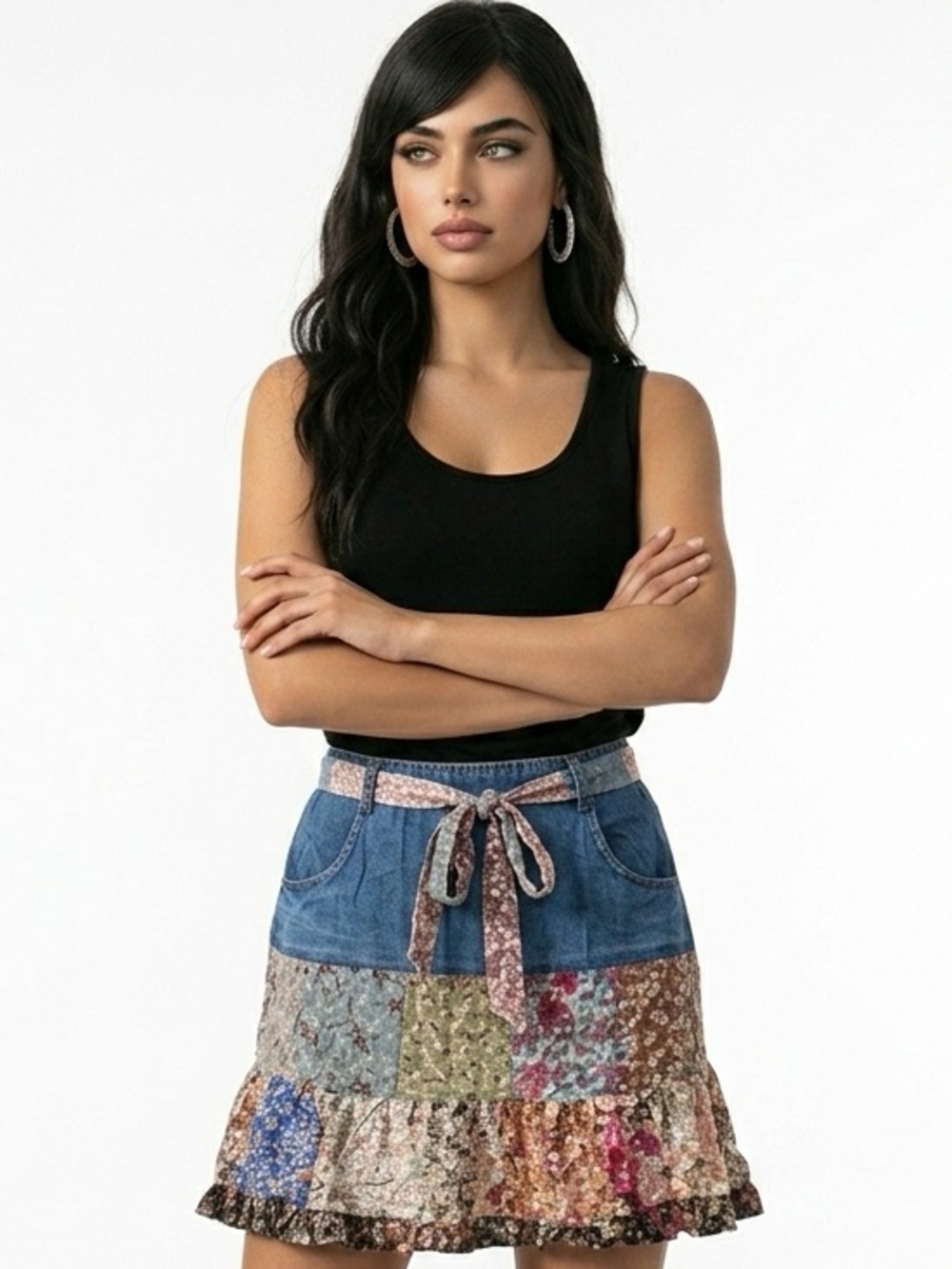 Floral Patchwork Denim Skirt​